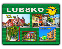 Magnes elastyczny 65x90 LUBSKO Ratusz i kościół NNMP, Plac Wolności, Park Miejski, SP 2, Wrocławska - zielone tło, srebrny napis